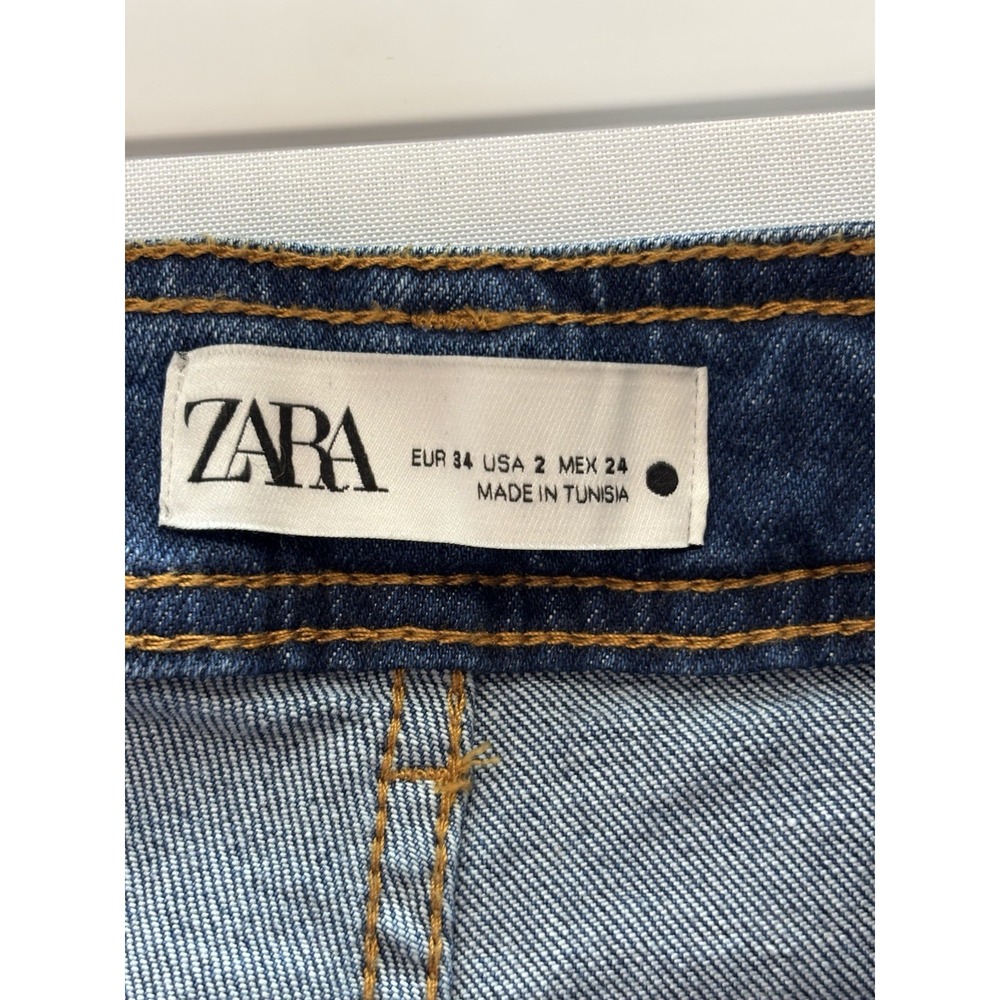 ZARA Women's High Rise Wide Leg Jeans Size 2 Dark Blue Raw Hem Denim - Picture 9 of 14